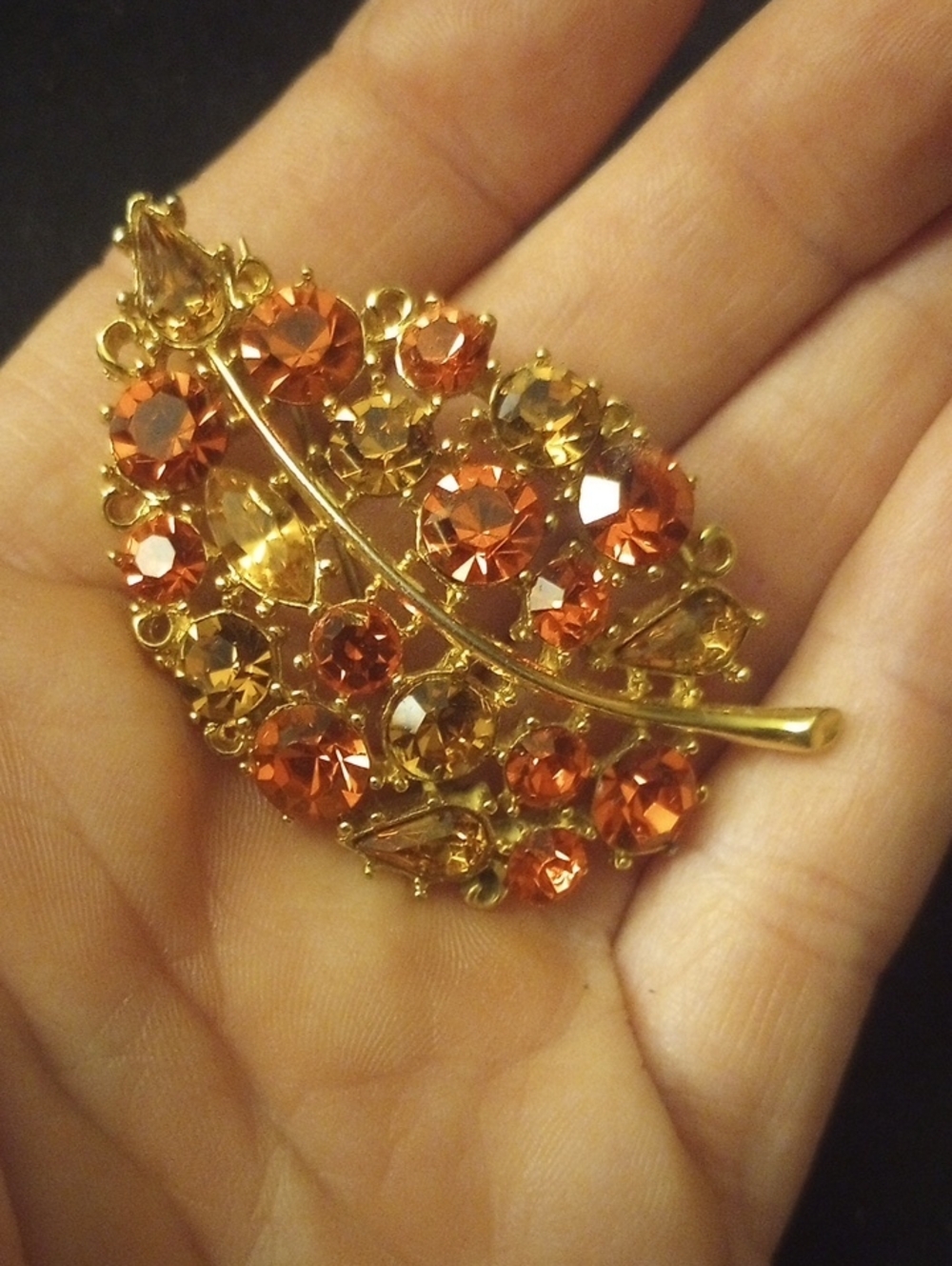 M.J Ent Vintage: Gold-Tone Leaf Brooch with Orange and Amber Crystals